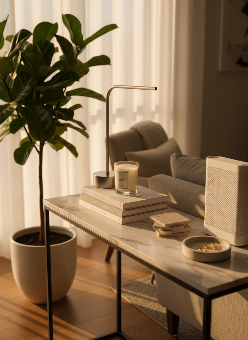 A refined home-office corner with a marble-topped console table showcasing a carefully arranged selection of products for a lifestyle affiliate post: a luxury candle with a subtle label, a stack of elegantly designed productivity books, a brushed-metal desk lamp, and a premium wireless router discreetly placed among decor. A tall, leafy plant in a ceramic pot softens the scene. Warm golden-hour light streams through sheer curtains, creating a sophisticated, cozy glow and soft shadows. Photographic realism, composed with the rule of thirds from an eye-level perspective. The mood is polished and intimate, illustrating how affiliate-recommended items can blend seamlessly into a stylish, multifunctional life.