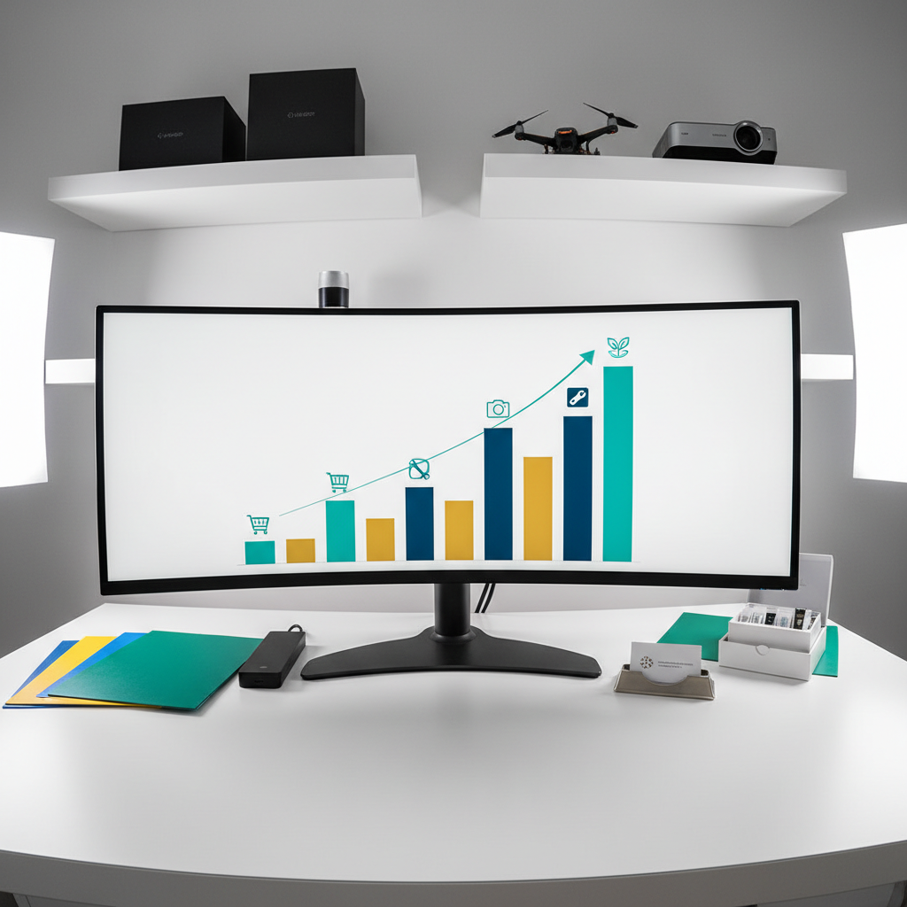A large, ultra-wide monitor on a minimalist white desk, showing a stylized earnings graph and category icons instead of readable text, surrounded by physical cues of multiple projects: color-coded folders, a slim external hard drive, an elegant metal card holder, and a discrete box containing product samples. Behind, floating shelves hold a few tastefully arranged boxes and gadgets, suggesting diverse affiliate partnerships. Soft studio lighting from both sides gives an evenly lit, high-end tech magazine feel, with subtle reflections on the screen and desk. Photographic realism, shot from a low, cinematic angle to feel empowering. The mood is strategic, ambitious, and very professional, suited to a sophisticated “Jill of All Trade” affiliate marketing brand.