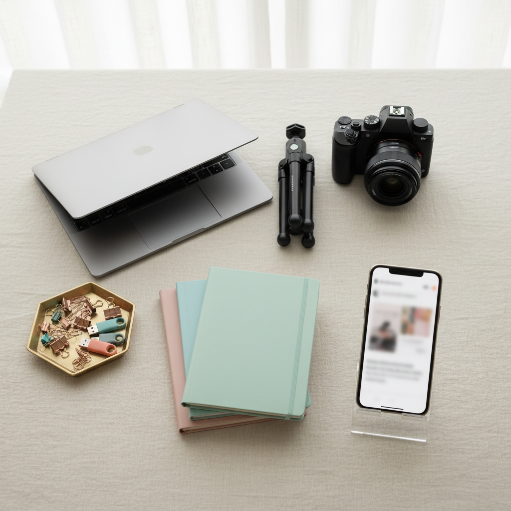 A neatly styled flat lay on a linen-covered surface displaying tools of a multipassionate affiliate marketer: a slim laptop partially closed, a mirrorless camera, a foldable travel tripod, a stack of pastel-toned notebooks with metallic edging, and a small tray of mixed stationery clips and USB drives. At the edge, a tasteful acrylic stand holds a smartphone showing a blurred product page, ensuring no readable text. Soft overhead natural light, diffused through sheer fabric, creates gentle, uniform brightness with minimal shadows. Photographic realism with sharp focus across the frame. The mood is organized yet creative, reflecting a sophisticated blogger who covers travel, tech, and lifestyle products with clarity and elegance.