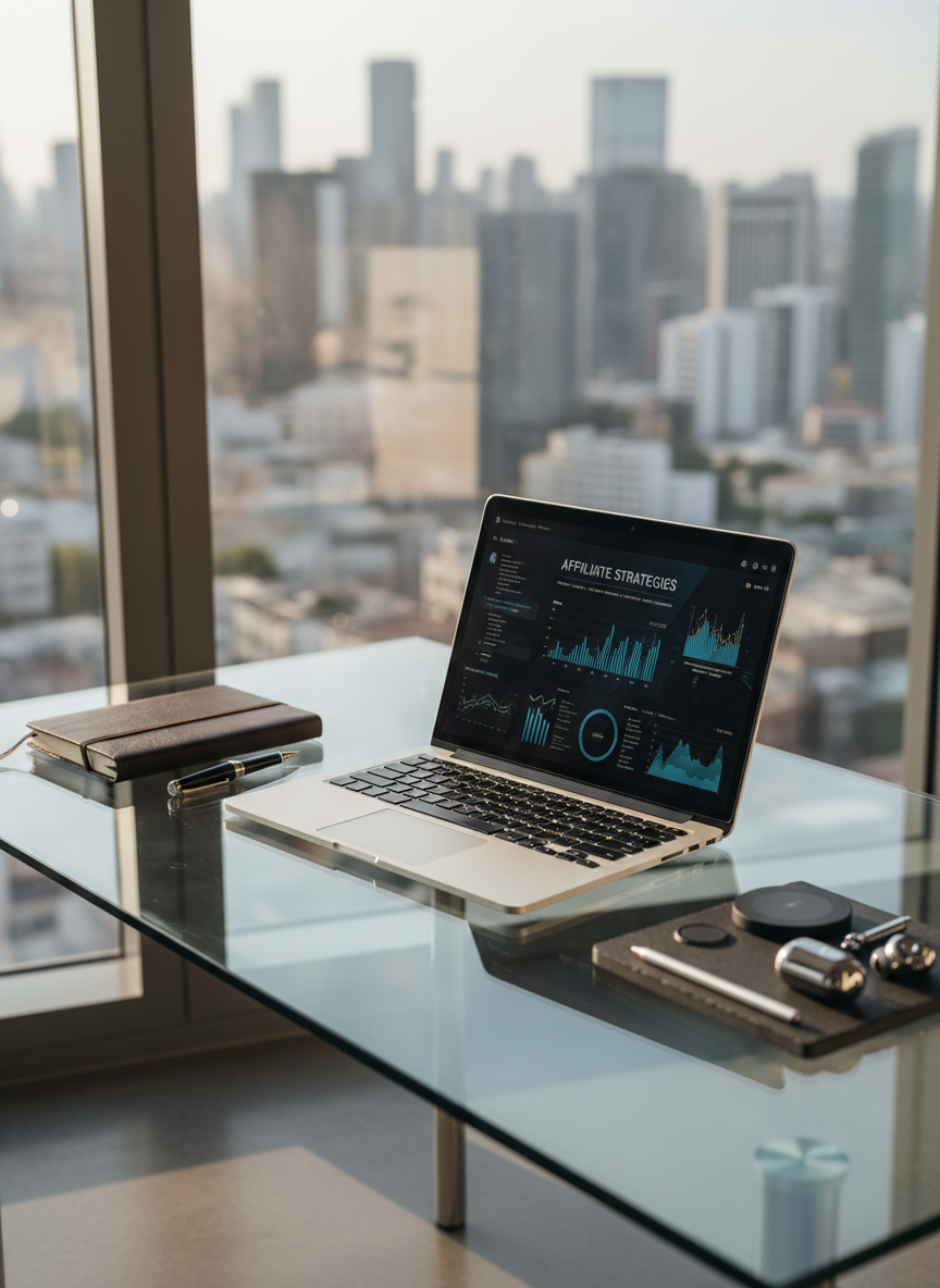 A sleek glass-topped desk with a slim, high-end laptop open to an elegant analytics dashboard, surrounded by a leather-bound notebook, a fountain pen, and a small tray with assorted tech gadgets arranged neatly. The desk sits near a large window overlooking a softly blurred cityscape, suggesting quiet success. Late-afternoon natural light washes across the scene, creating refined highlights on the metal edges and subtle shadows on the desk surface. Photographic realism, shot at a slightly elevated angle with shallow depth of field, focusing on the laptop and workspace. The mood is sophisticated and aspirational, ideal for a blog about affiliate marketing strategies for multipassionate professionals.