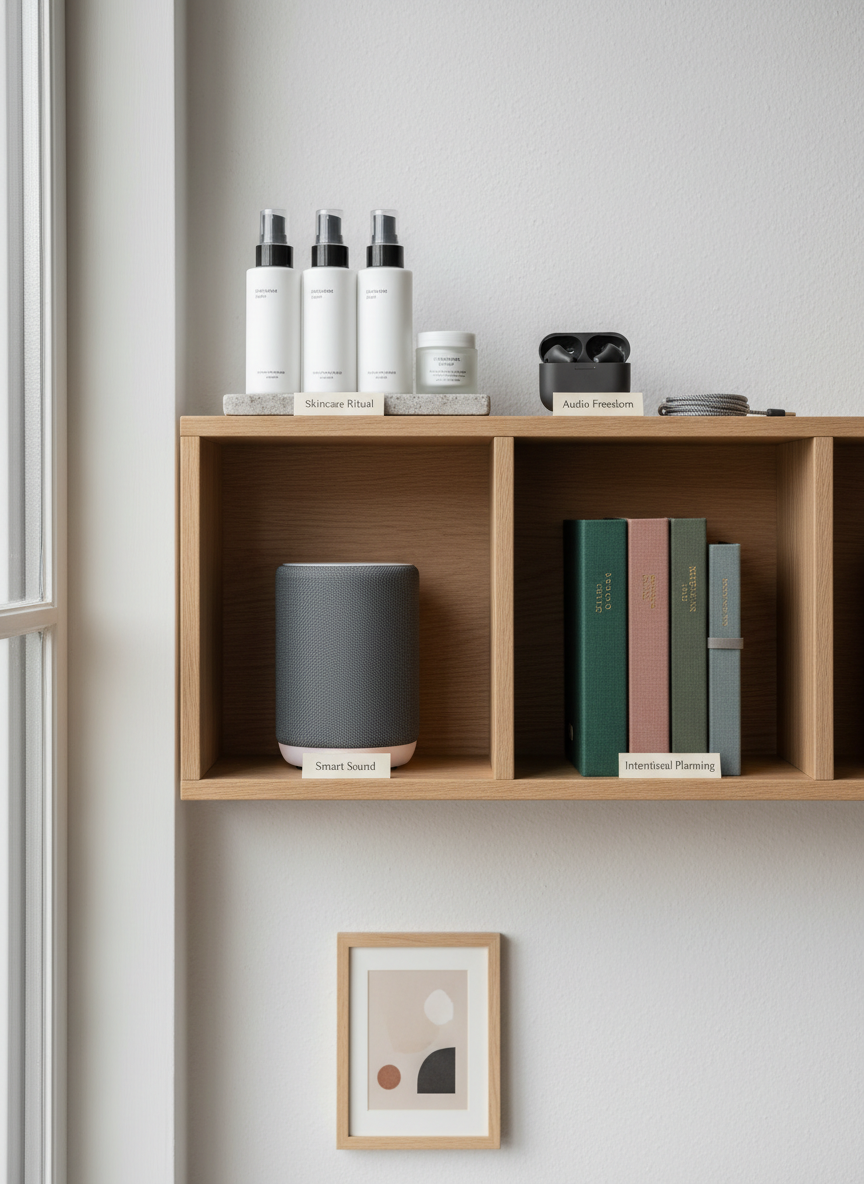 An organized wooden shelf system displaying a curated selection of premium lifestyle products: a minimalist skincare set, a pair of high-quality wireless earbuds, a slim smart speaker, and a stack of cloth-bound planners, each grouped on separate shelves with small, neutral-toned tags beneath them. The background is a soft, off-white wall with a single abstract print. Diffused overcast window light creates a gentle, even illumination with delicate shadows that emphasize texture. Photographic realism, captured at eye level with a balanced composition. The mood is calm, editorial, and sophisticated, suggesting carefully vetted affiliate recommendations presented clearly and transparently.