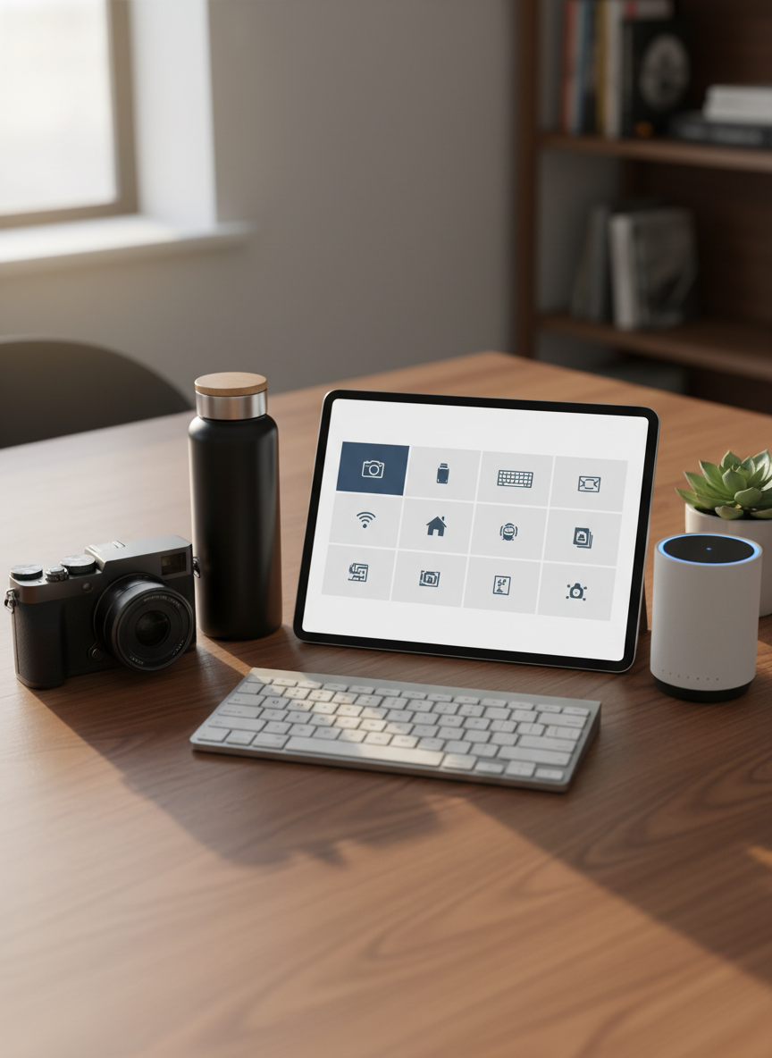 A close-up of a tablet lying on a smooth walnut table, its screen displaying a clean comparison grid of different product categories represented by abstract icons instead of text. Around the tablet sit three or four real objects corresponding to the icons: a compact camera, a stylish insulated water bottle, a minimalist mechanical keyboard, and a smart home hub. Soft morning light filters in from the side, casting long, gentle shadows and giving a polished glow to metal and glass surfaces. Photographic realism, shot from a slightly overhead angle with shallow depth of field. The atmosphere is analytical yet inviting, perfect for explaining how to choose the right affiliate products across many niches.