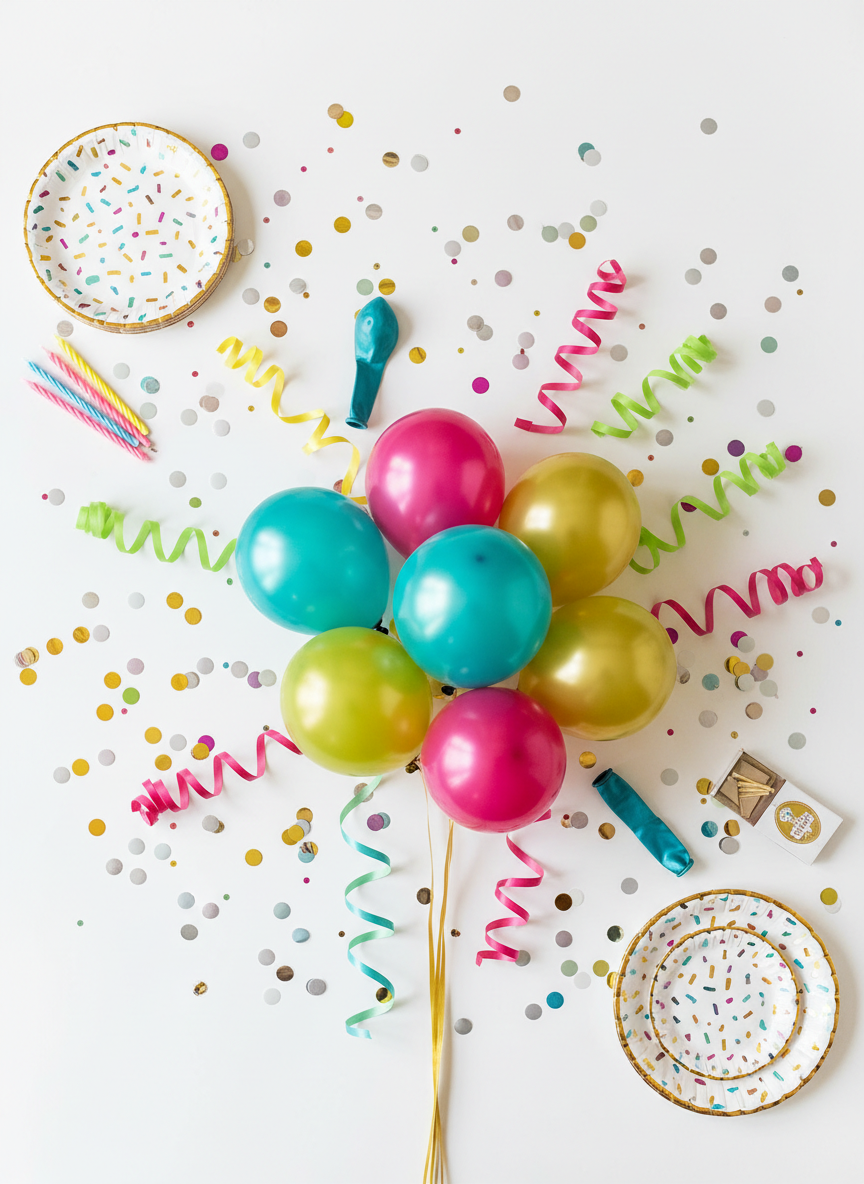 A festive flatlay of party supplies — balloons, streamers, confetti, candles, and decorative plates