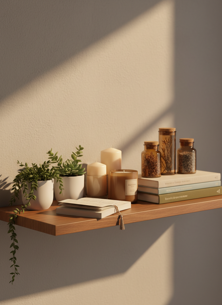 A neatly arranged wooden shelf with home decor items — plants, candles, jars, and books