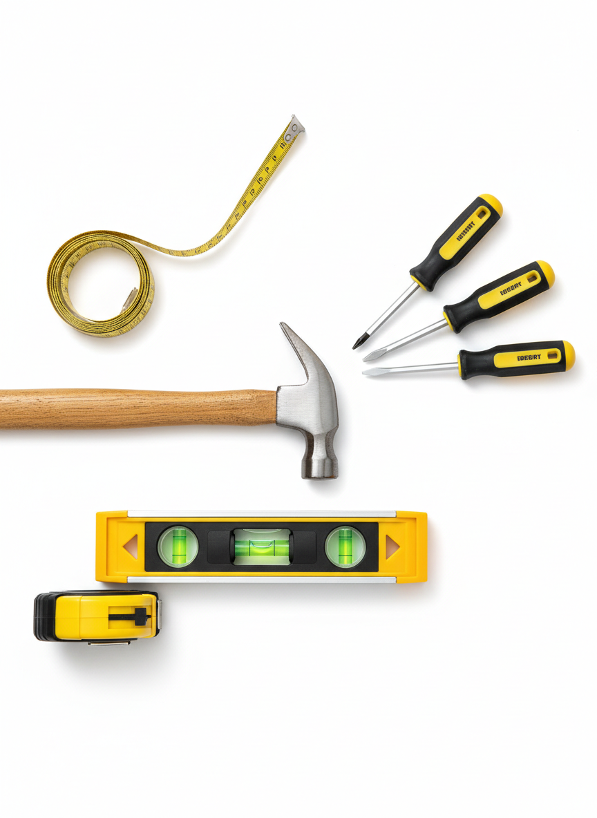 A close-up flatlay of DIY and home improvement tools — hammer, screwdrivers, level, and measuring tape