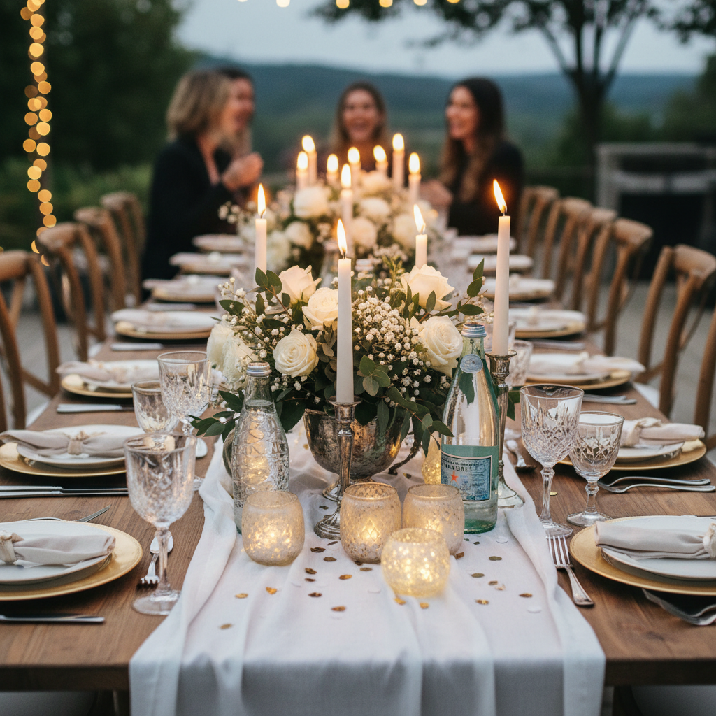 A beautifully set party table with elegant tableware, flowers, candles, and glassware