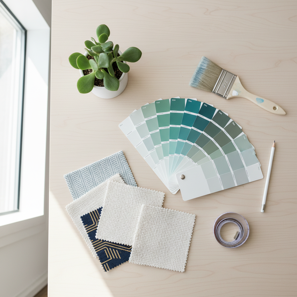 A styled flatlay of home project products — paint swatches, brushes, a small plant, and fabric samples
