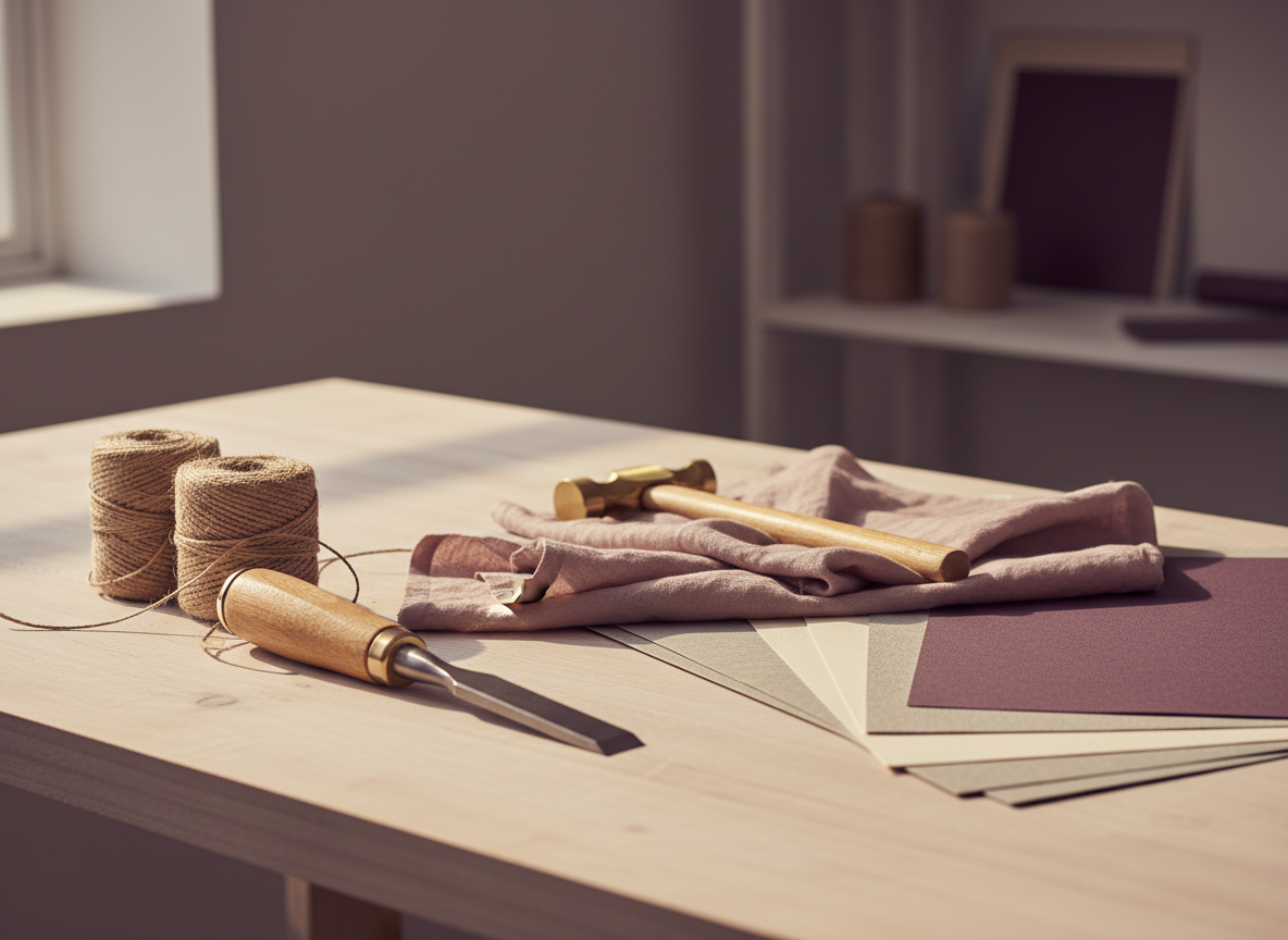 A styled maker's workbench with a wooden-handled chisel, spools of twine, folded mauve fabric, a brass hammer, and craft paper in warm light.