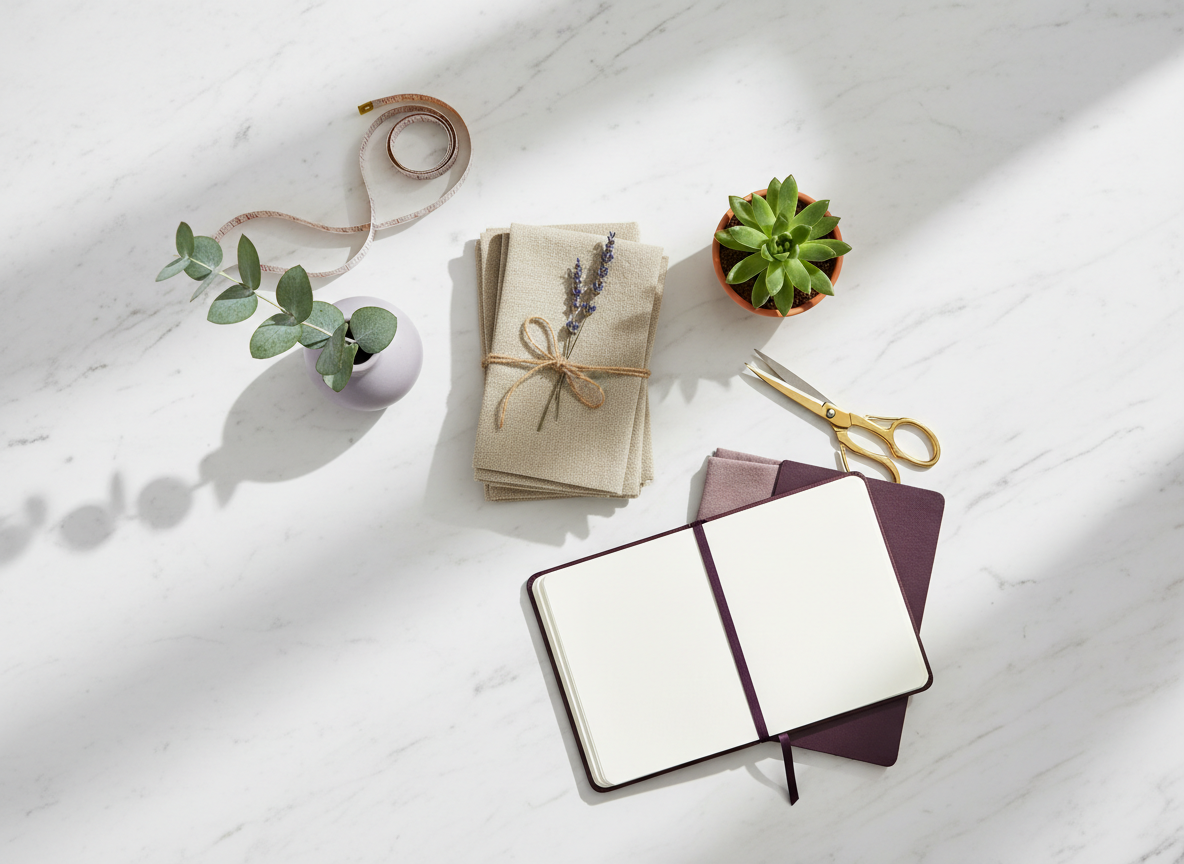 An elegant editorial flat lay of objects representing home, entertaining, gardening, and DIY on a marble surface, in a muted lavender-grey and plum palette.