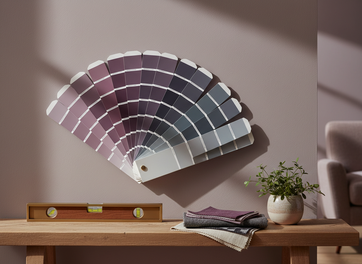 A refined interior corner with a plum and grey paint swatch fan, a brushed-brass level, folded fabric samples, and a potted plant in warm daylight.