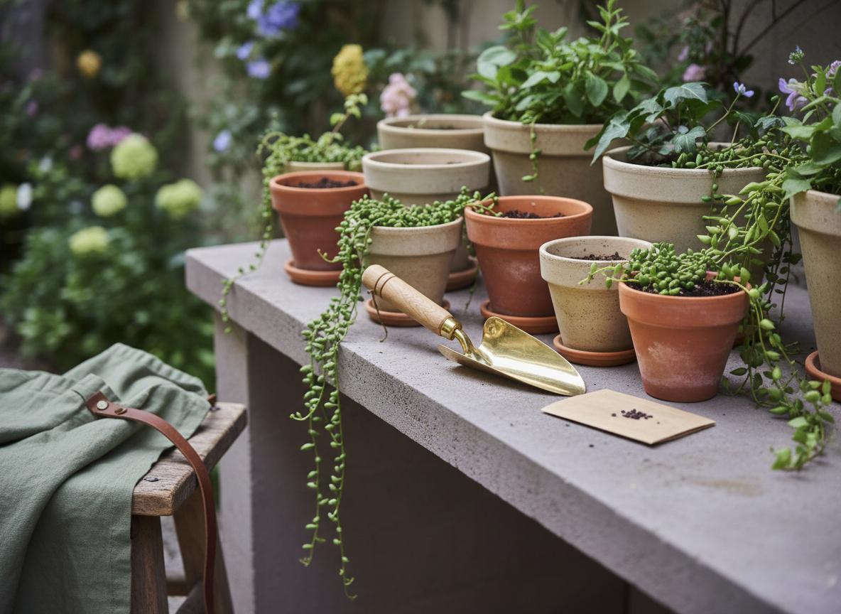 A refined outdoor potting corner with terracotta and ceramic planters, a wooden-handled trowel, seed packets, and trailing greenery in soft daylight.