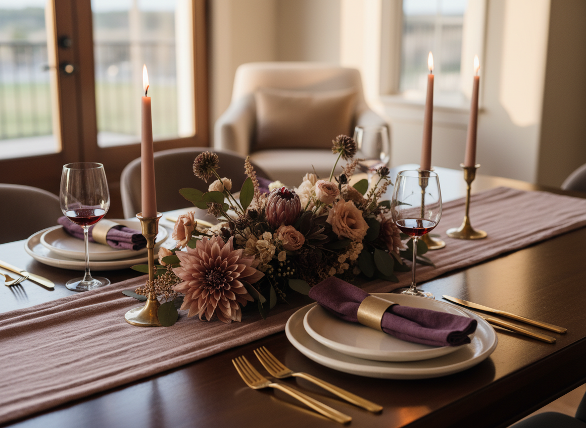 An intimate table set with linen napkins, minimalist ceramics, taper candles in brass holders, and muted flowers in soft golden evening light.
